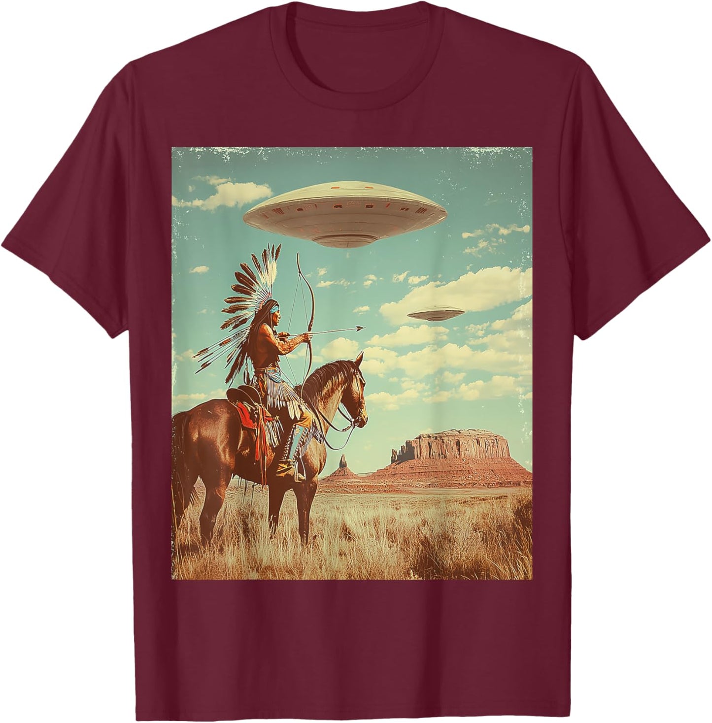 Retro Desert Indian Riding Horse Shooting Bow Arrow UFO Art T-Shirt - T-Shirt | Maroon
