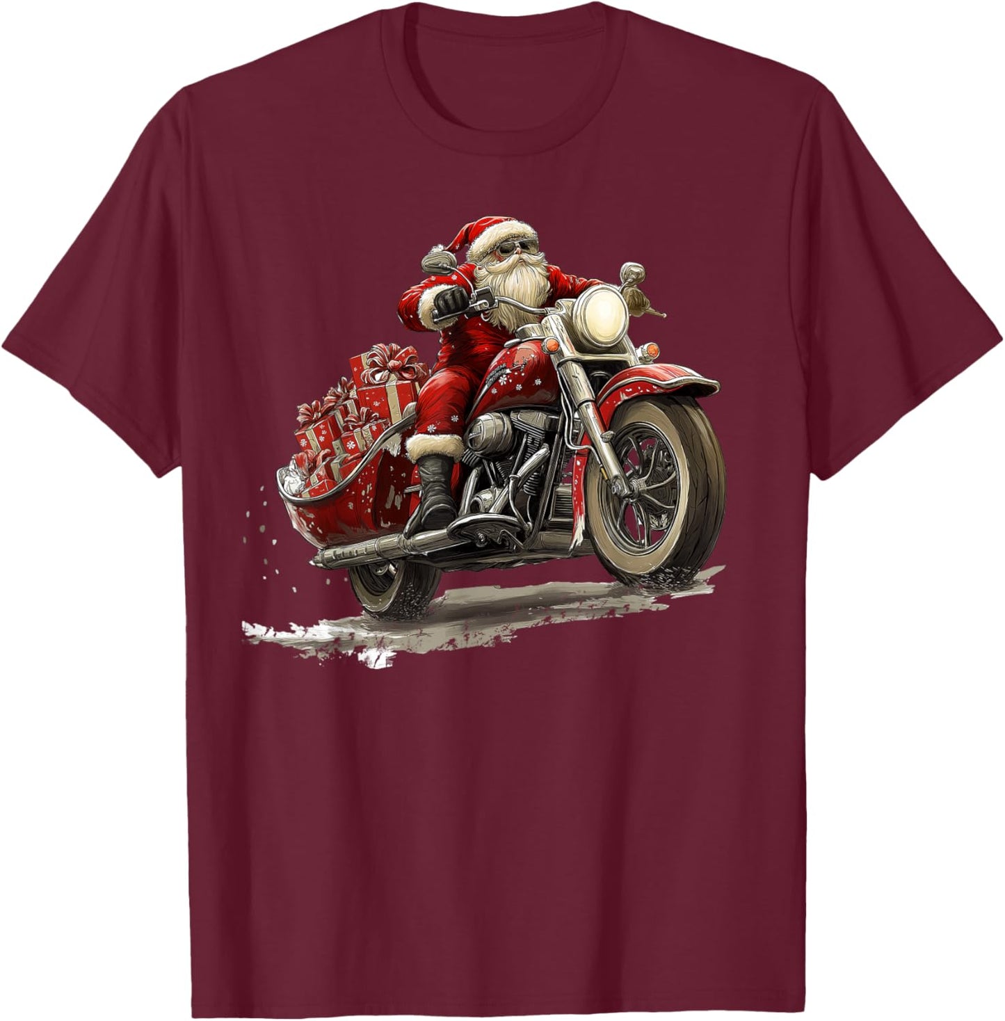 Funny Christmas Santa Riding on a vintage motorcycle Bike T-Shirt - T-Shirt | Maroon
