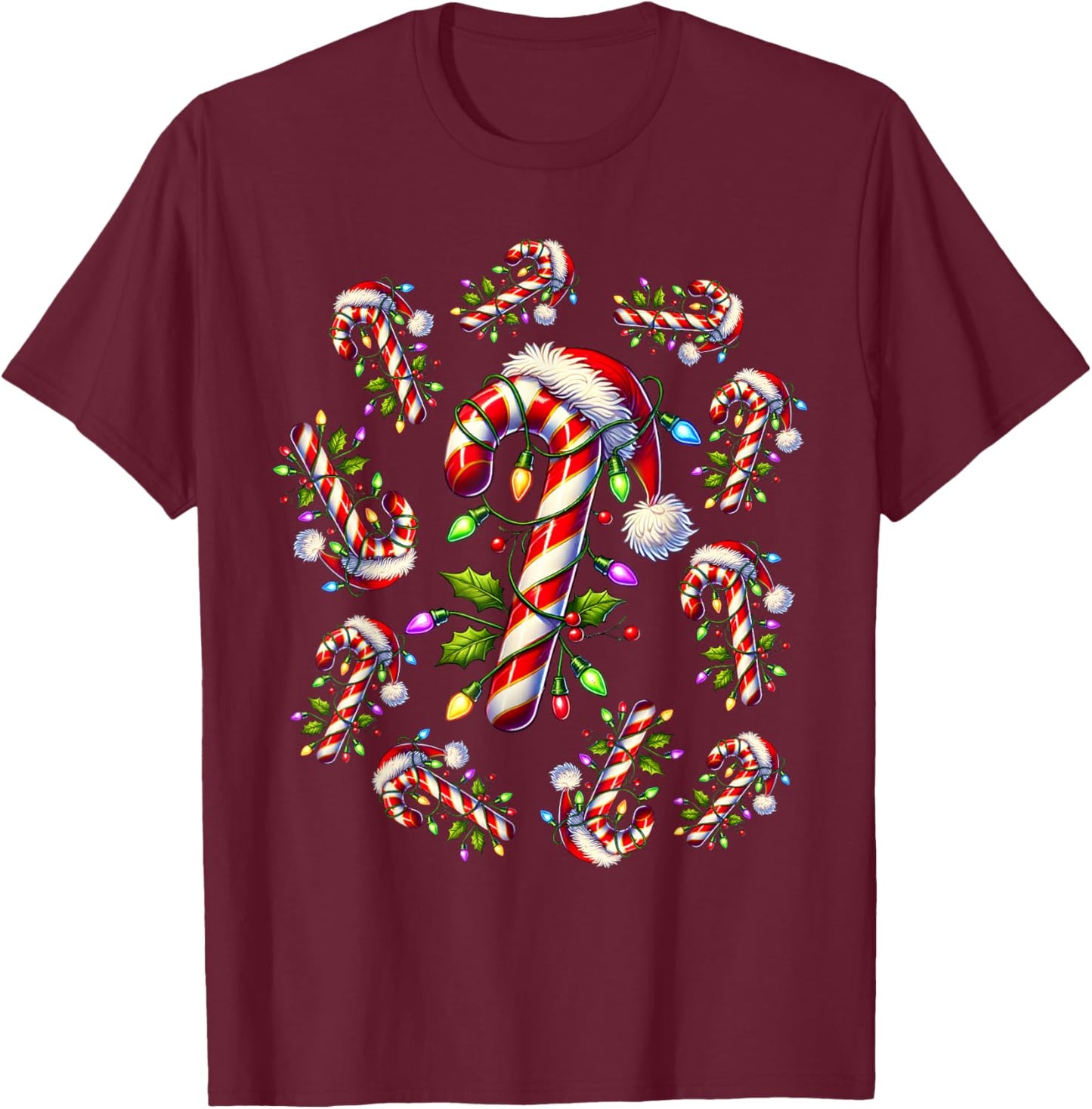Red and White Candy Cane Santa Christmas Funny Xmas Lights T-Shirt - T-Shirt | Maroon