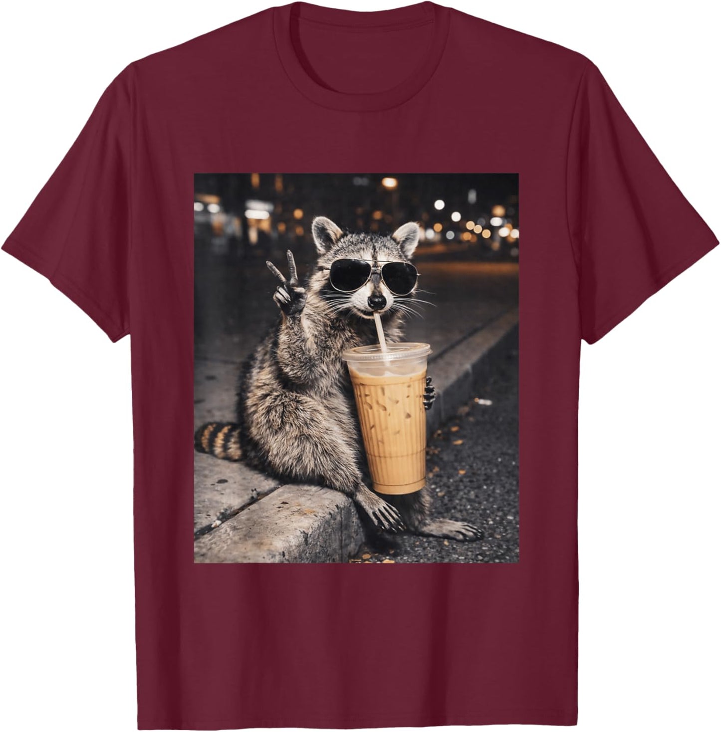 Raccoon Drinking Iced Coffee Funny Animal Meme T-Shirt - T-Shirt | Maroon
