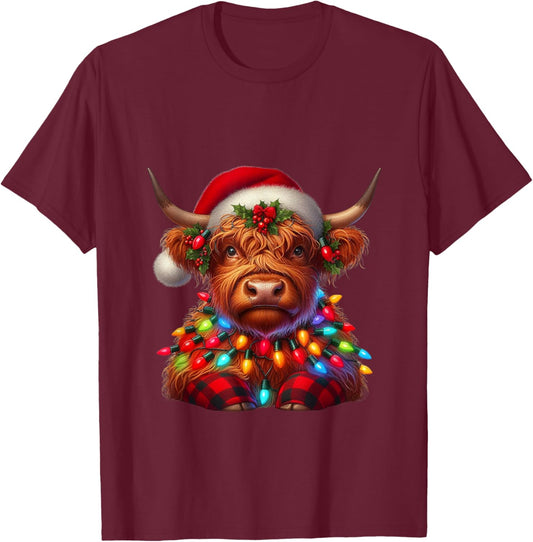 Scottish Highland Cow Christmas Santa Hat Lights Xmas Pajama T-Shirt - T-Shirt | Maroon