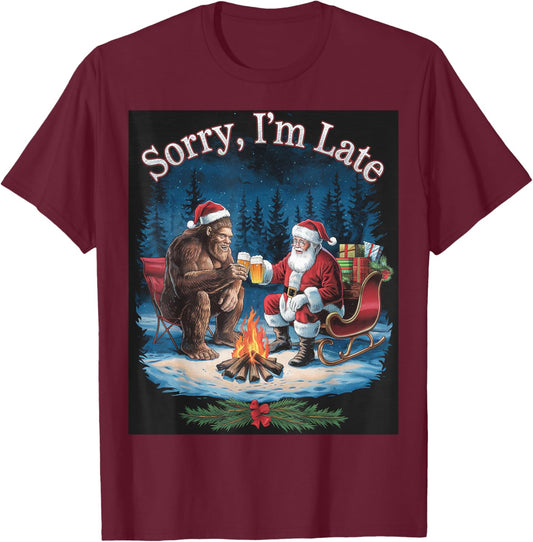 Funny Bigfoot Santa Claus Drinking Beer Campfire Christmas T-Shirt - T-Shirt | Maroon