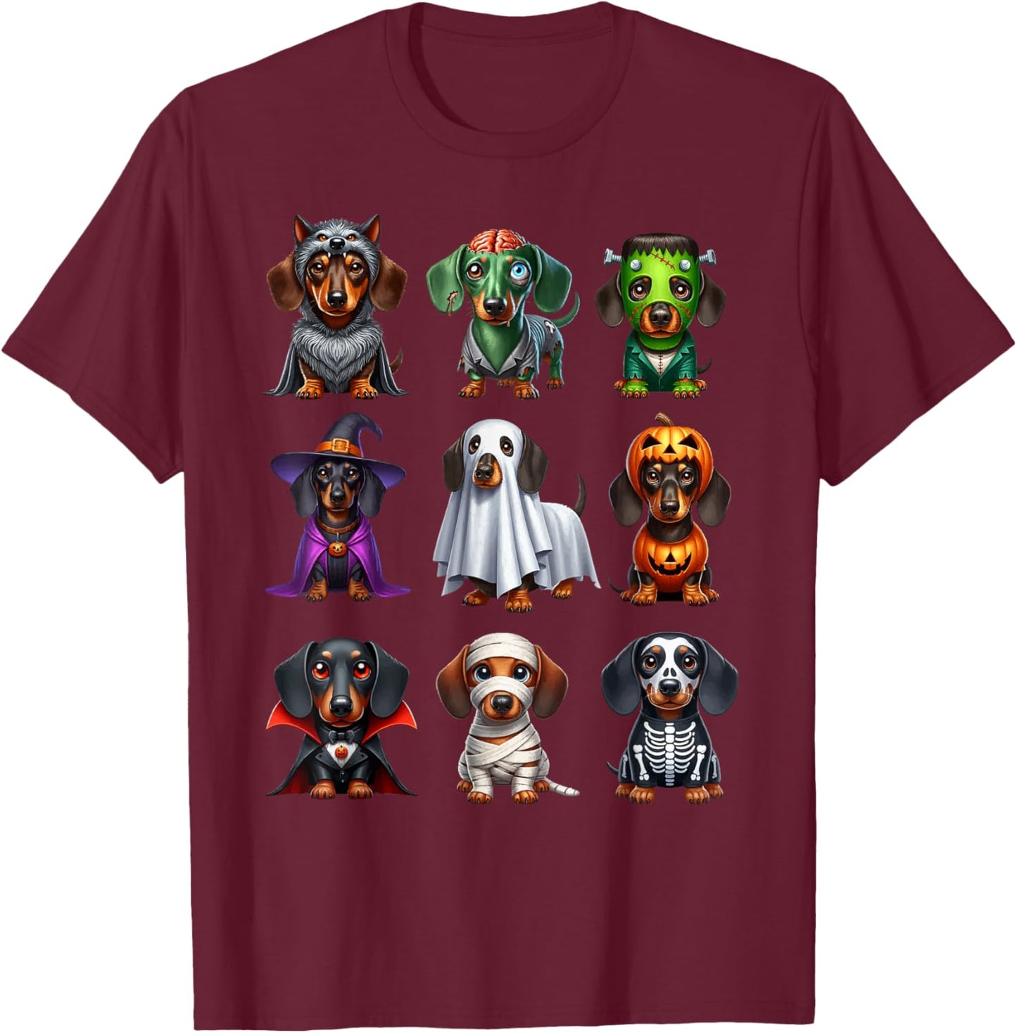 Dachshund Dogs Witch Zombie Mummy Skeleton Pumpkin Halloween T-Shirt - T-Shirt | Maroon