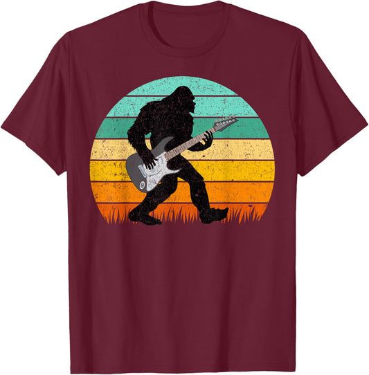 Bigfoot Playing Guitar Retro Vintage Sasquatch Guitarist T-Shirt - T-Shirt | Maroon