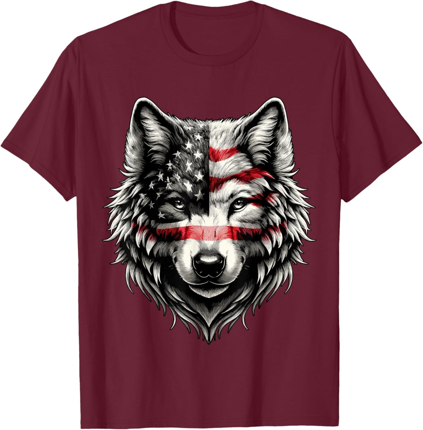 Wolf with USA Flag 4th of July T-Shirt - T-Shirt | Maroon