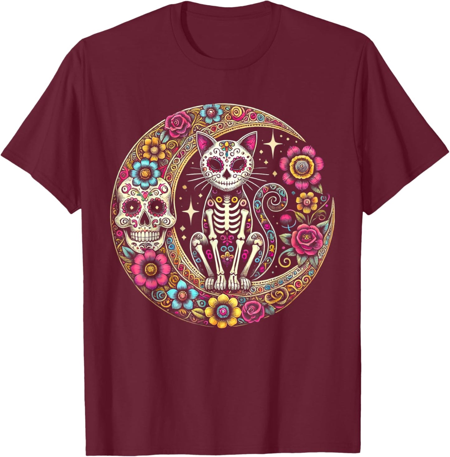 Cat Moon Dia De Los Muertos Day Of The Dead Sugar Skull T-Shirt - T-Shirt | Maroon
