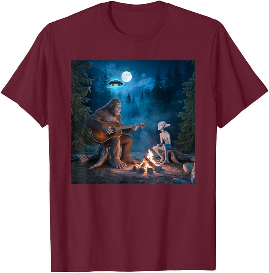 Bigfoot Alien Sasquatch Campfire UFO Music Night Scene T-Shirt - T-Shirt | Maroon