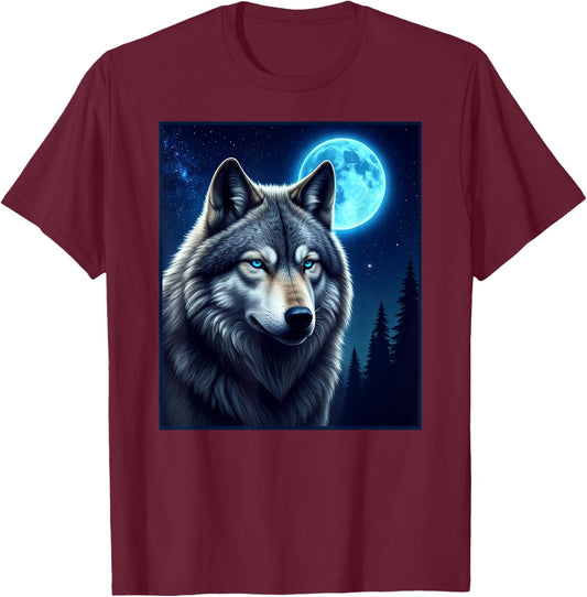 Grey wolf hunting ground icy moon forest t shirt Wolf moon T-Shirt - T-Shirt | Maroon