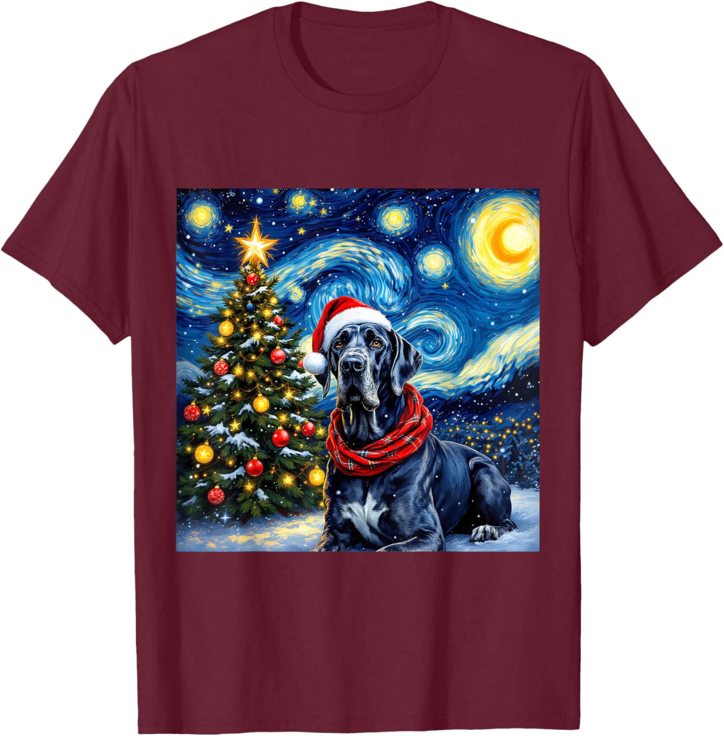 Great Dane Starry Night Christmas Van Gogh Dog Santa Hat T-Shirt - T-Shirt | Maroon