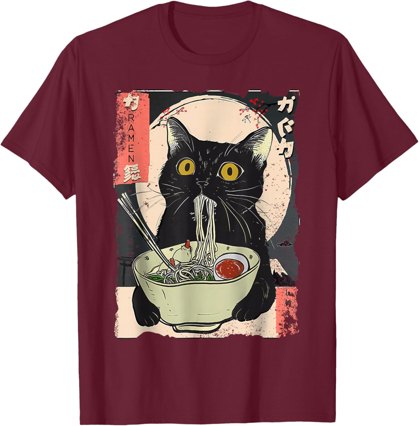 Vintage Cat Eating Ramen Funny Japanese Noodles T-Shirt - T-Shirt | Maroon