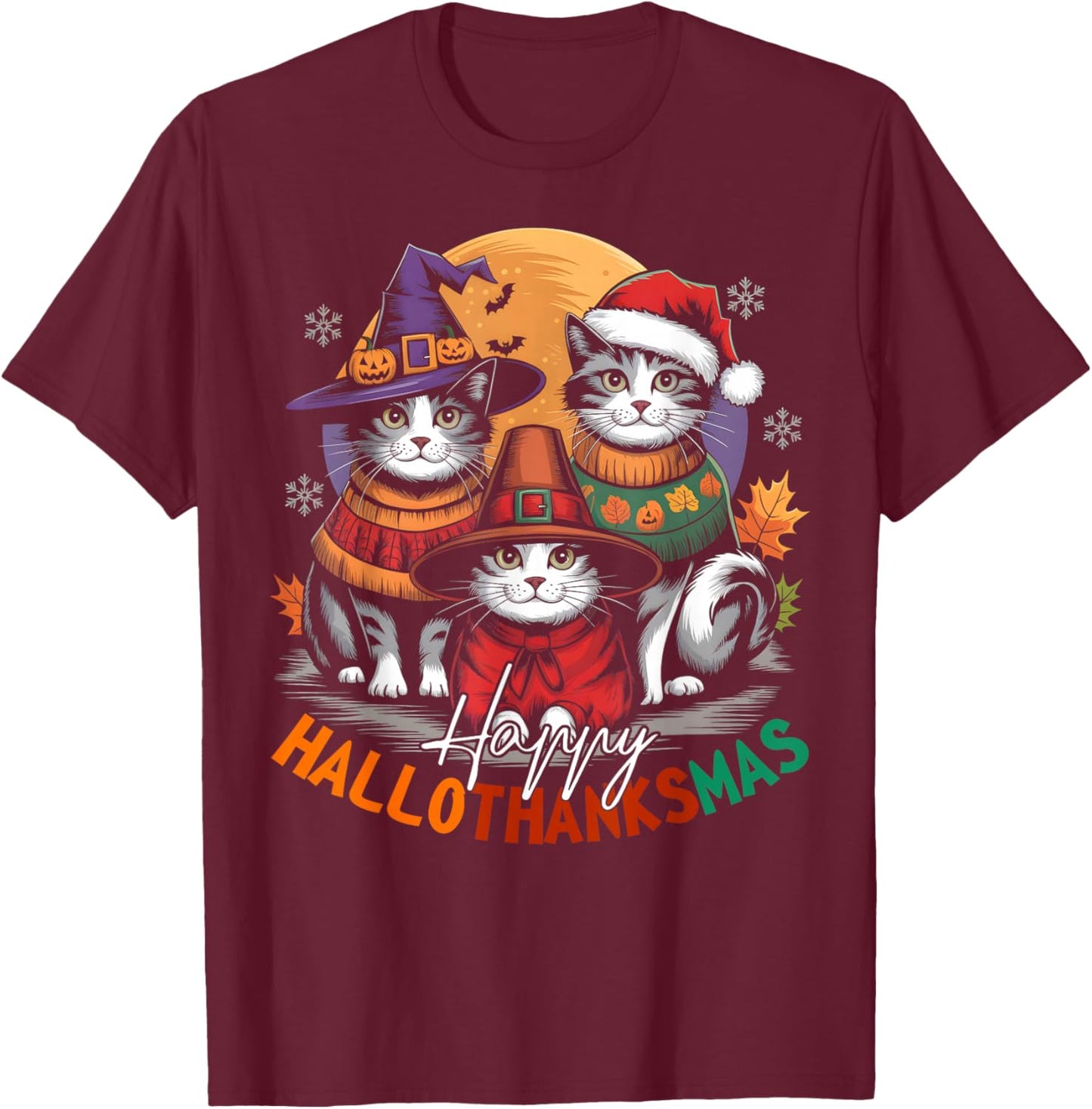 Happy HalloThanksMas Halloween, Christmas, Thanksgiving Cats T-Shirt - T-Shirt | Maroon