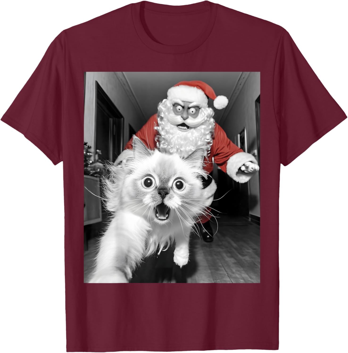 Funny Cat Selfie With Santa Christmas Women T-Shirt - T-Shirt | Maroon
