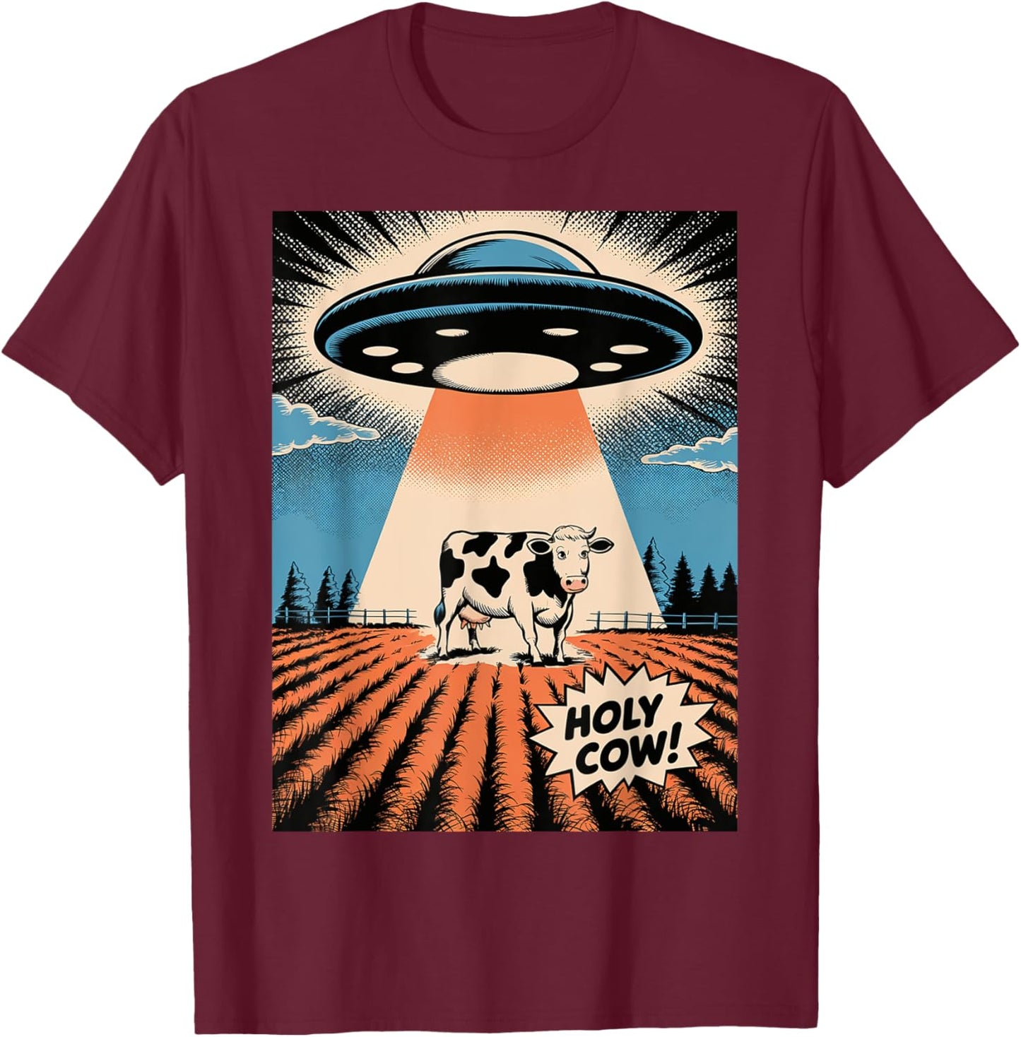 Holy Cow Funny Retro UFO Abduction T-Shirt - T-Shirt | Maroon