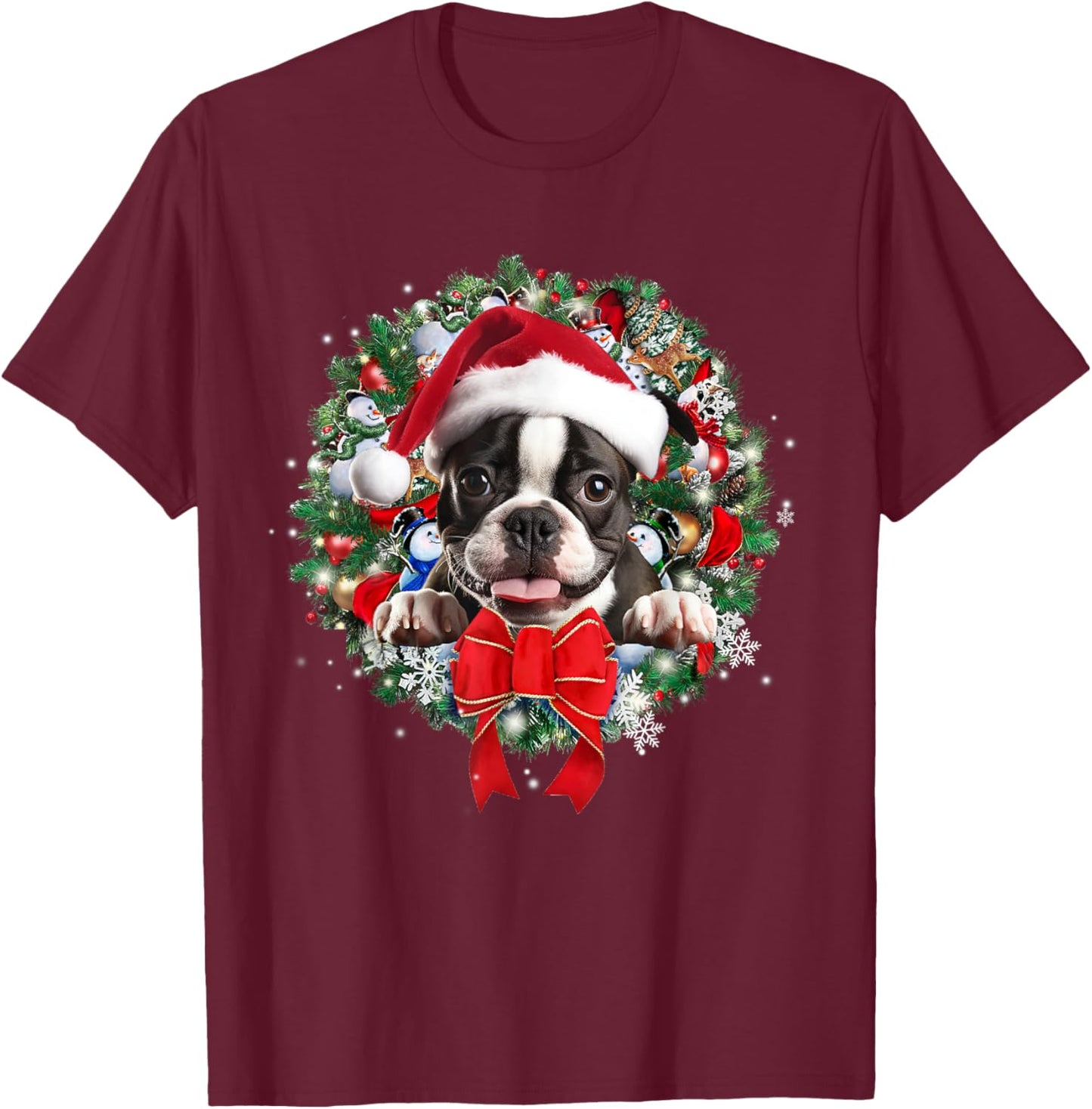 Boston Terrier Christmas Wreath Decoration Xmas Pajamas T-Shirt - T-Shirt | Maroon