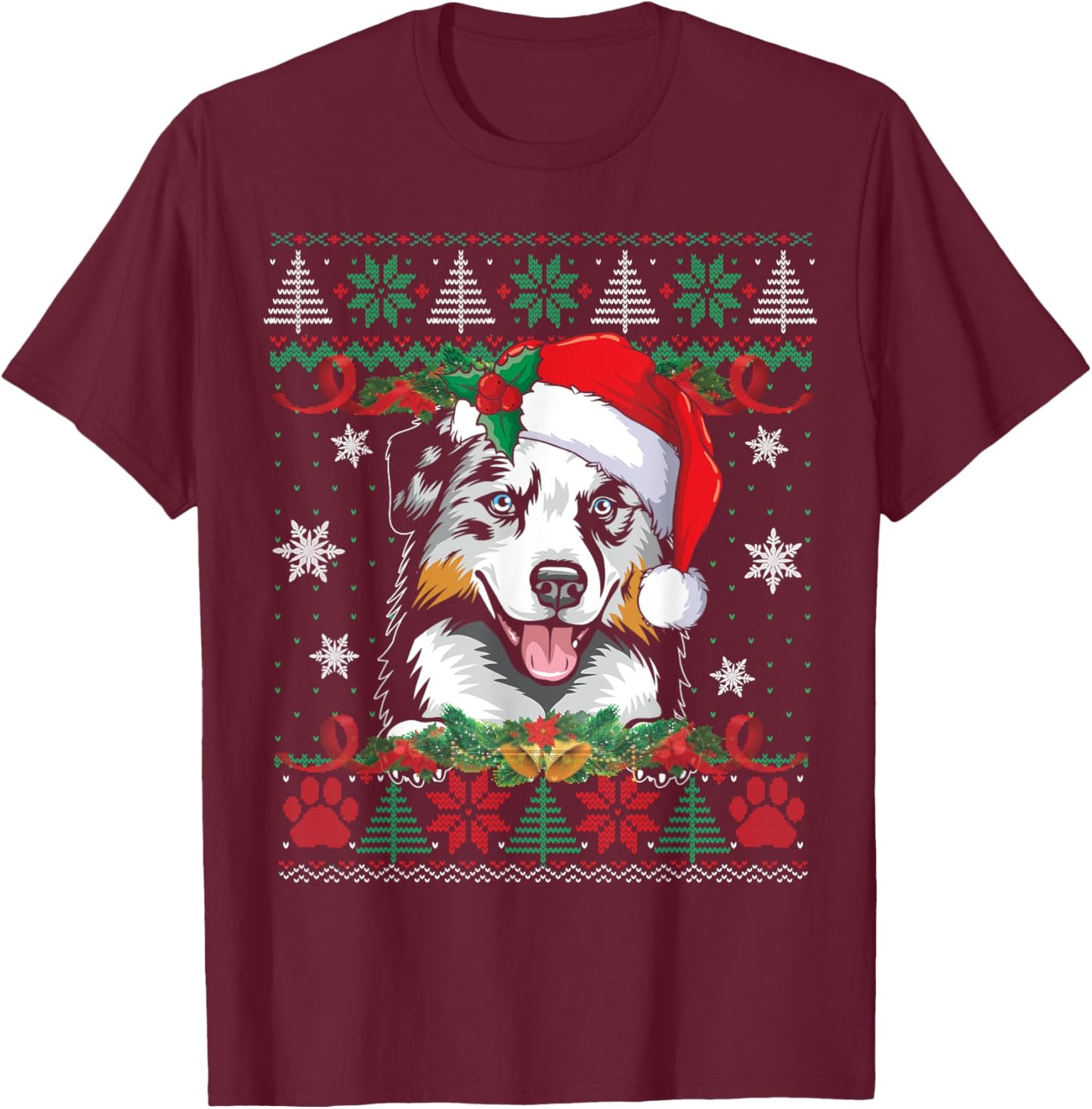 Australian Shepherd Christmas Ugly Sweater Funny Dog Lover T-Shirt - T-Shirt | Maroon