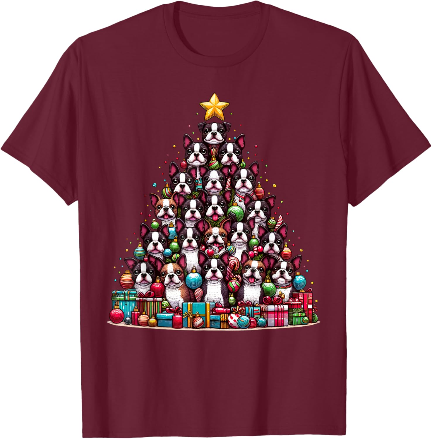 Cute Boston Terrier Christmas Tree Dog Kids T-Shirt - T-Shirt | Maroon
