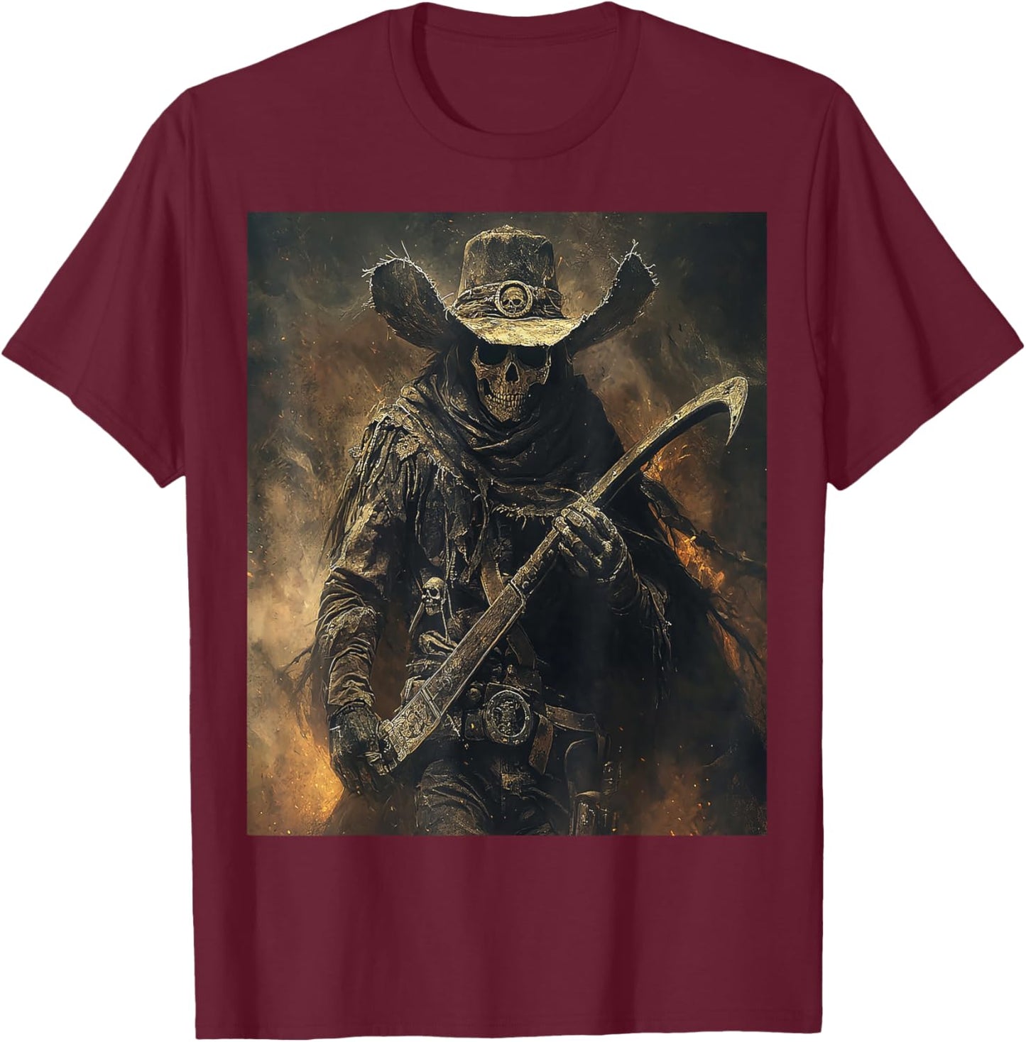 Western Grim Reaper Cowboy Wearing Hat Scythe Skull Art T-Shirt - T-Shirt | Maroon