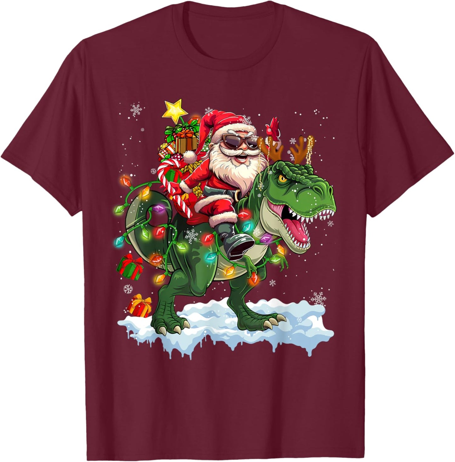Merry Christmas 2025 Santa Riding Dinosaur Xmas Boy Men Kids T-Shirt - T-Shirt | Maroon