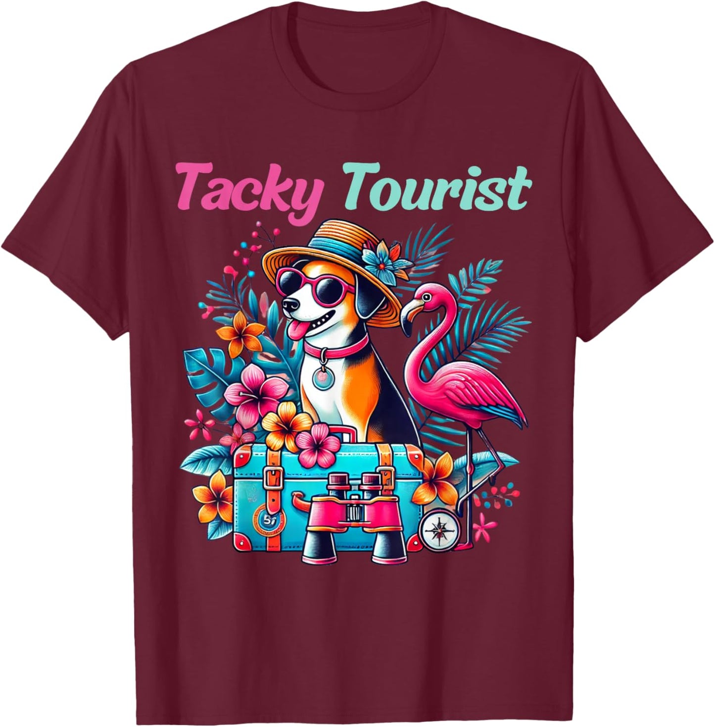 Vacation Tourist Apparel & Vintage Hawaiian Wear -Adult Tacky Tourist Outfit Wacky Cruise Costume Idea Black Cartoon Hawaiian Small Regular Fit Short Sleeve T-Shirt - T-Shirt | Maroon