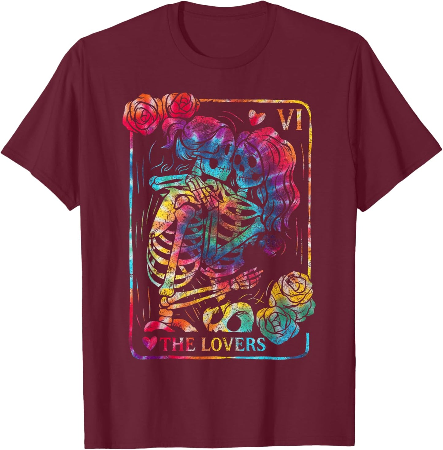The Lovers Tarot Card Gothic Occult Kissing Skeleton Roses T-Shirt - T-Shirt | Maroon