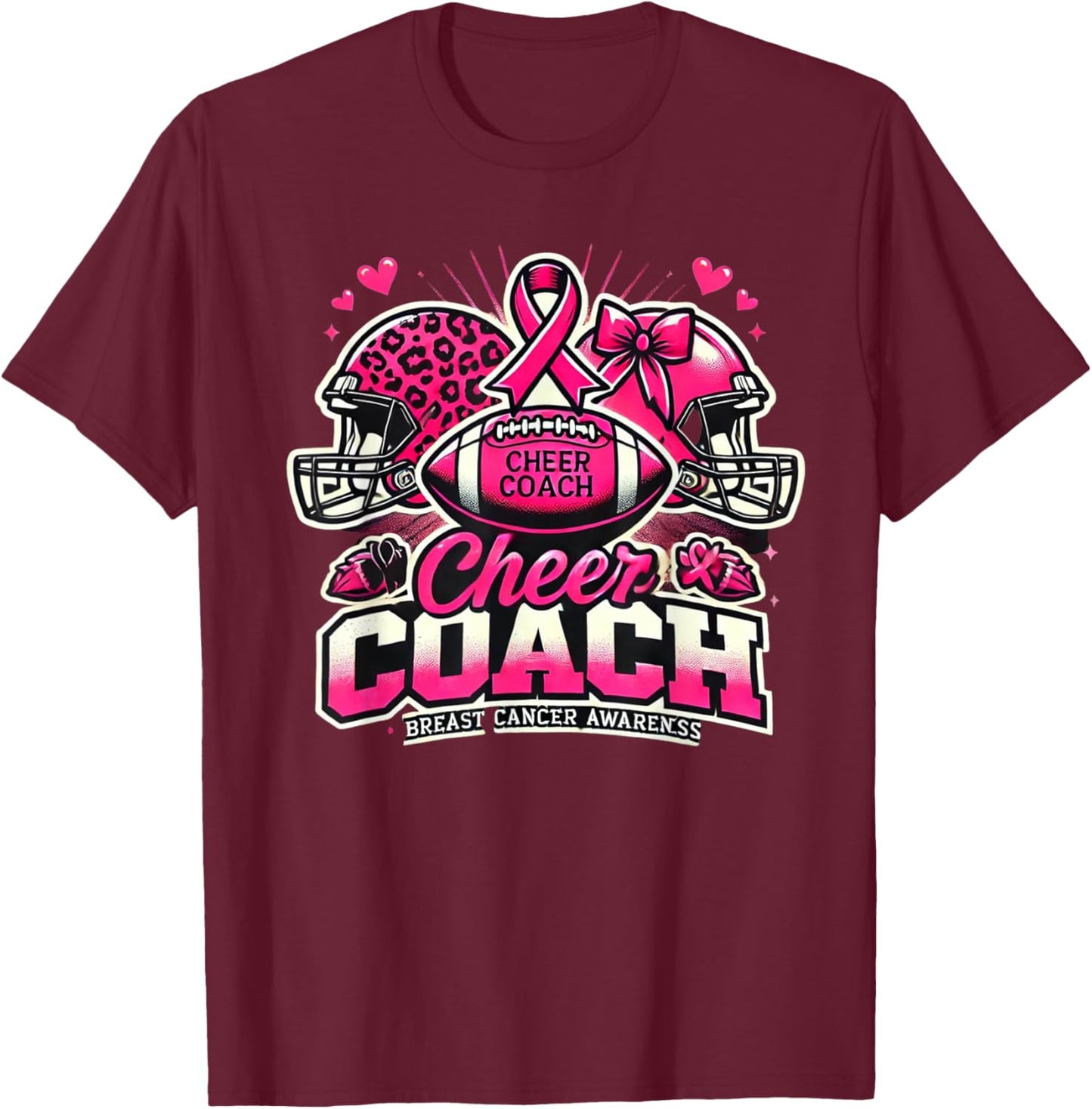 Cheer Coach Pink Ribbon Football Breast Cancer Awareness T-Shirt - T-Shirt | Maroon