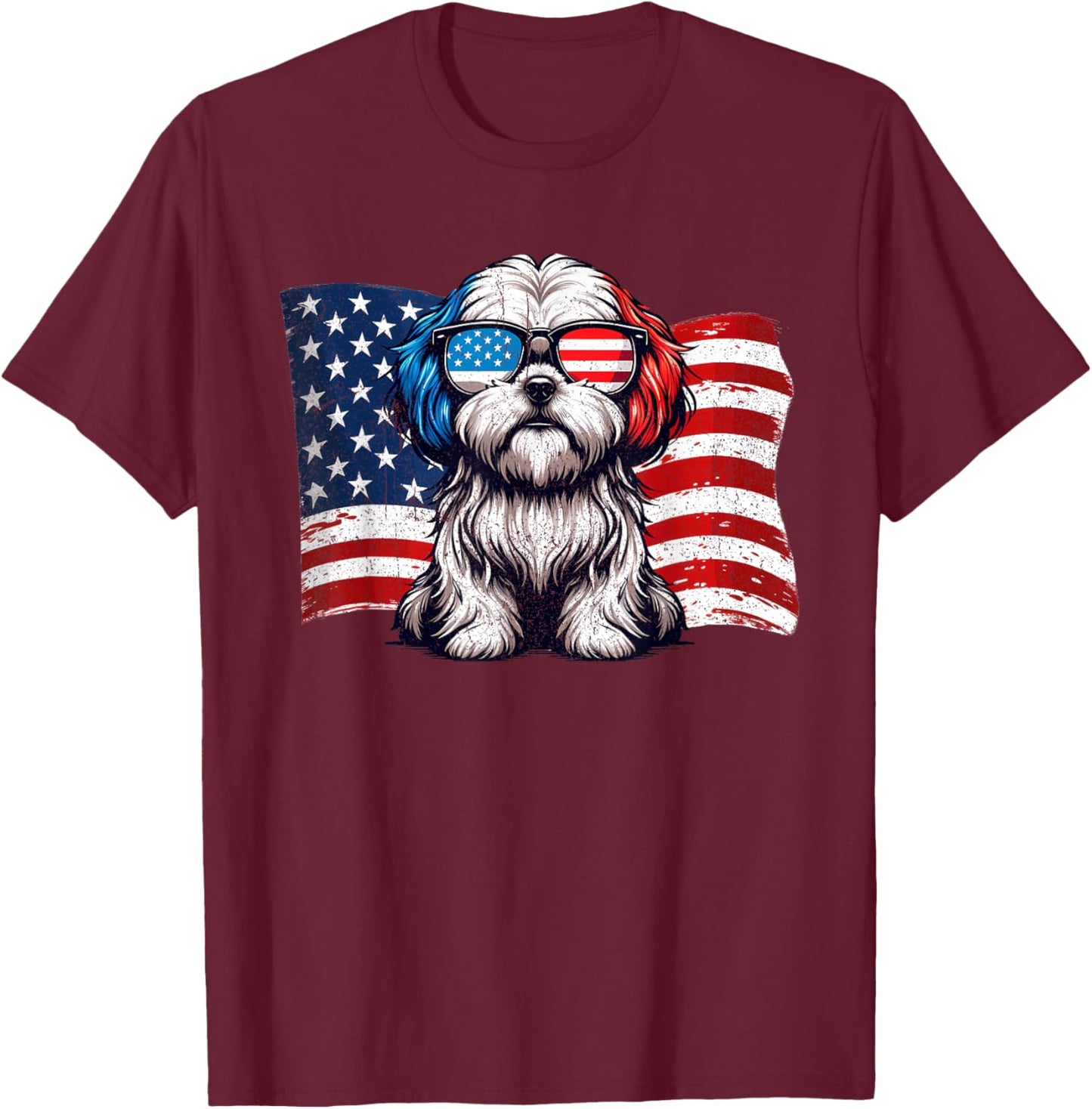 Vintage Lhasa Apso Dogs American Flag Sunglasses Patriotic T-Shirt - T-Shirt | Maroon