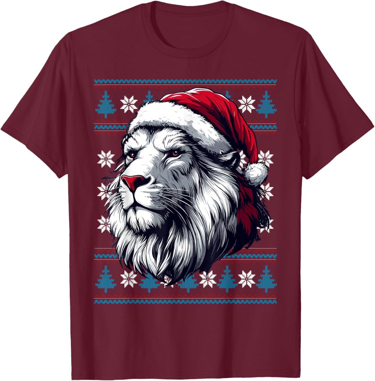 Lion Santa Hat Ugly Christmas Sweater Lion Lovers Holiday T-Shirt - T-Shirt | Maroon