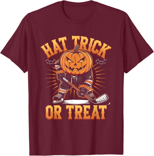 Halloween Hat Tricks Or Treat Ice Hockey Player Pumpkin Head T-Shirt - T-Shirt | Maroon