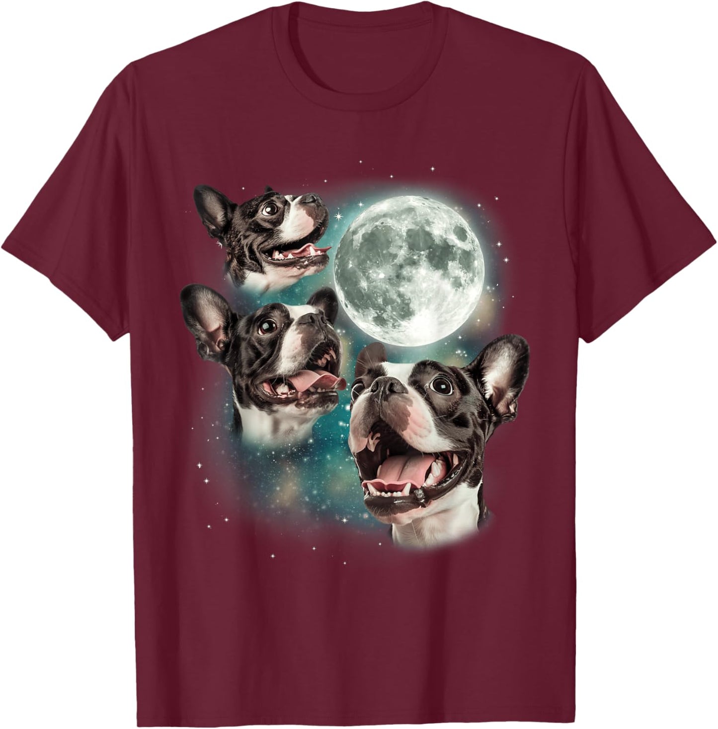 Three Boston Terrier Moon | 3 Cute Terriers Canine Pet Lover T-Shirt - T-Shirt | Maroon