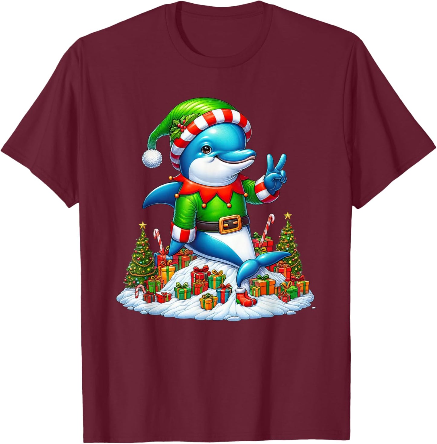 Funny Peace Hand Dolphin Elf Christmas Kids T-Shirt - T-Shirt | Maroon