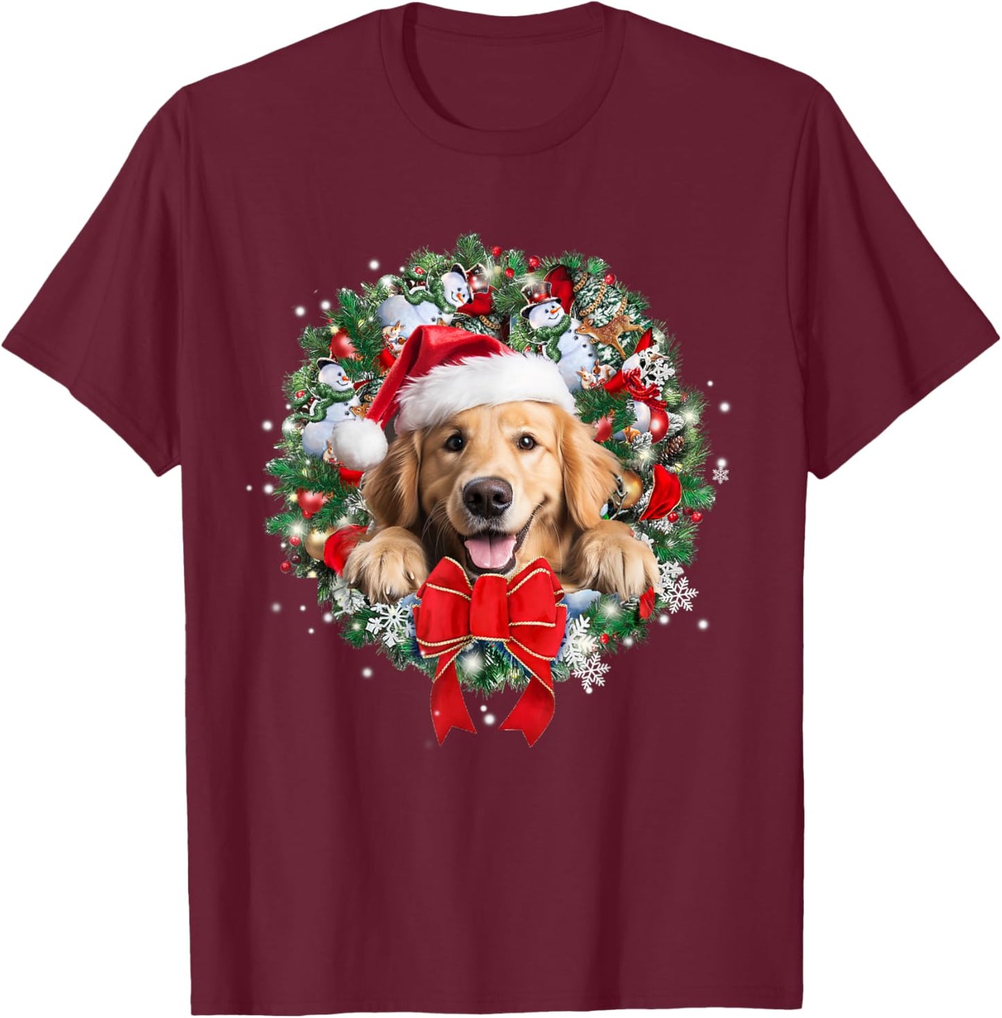 Golden Retriever Christmas Wreath Decoration Xmas Pajamas T-Shirt - T-Shirt | Maroon