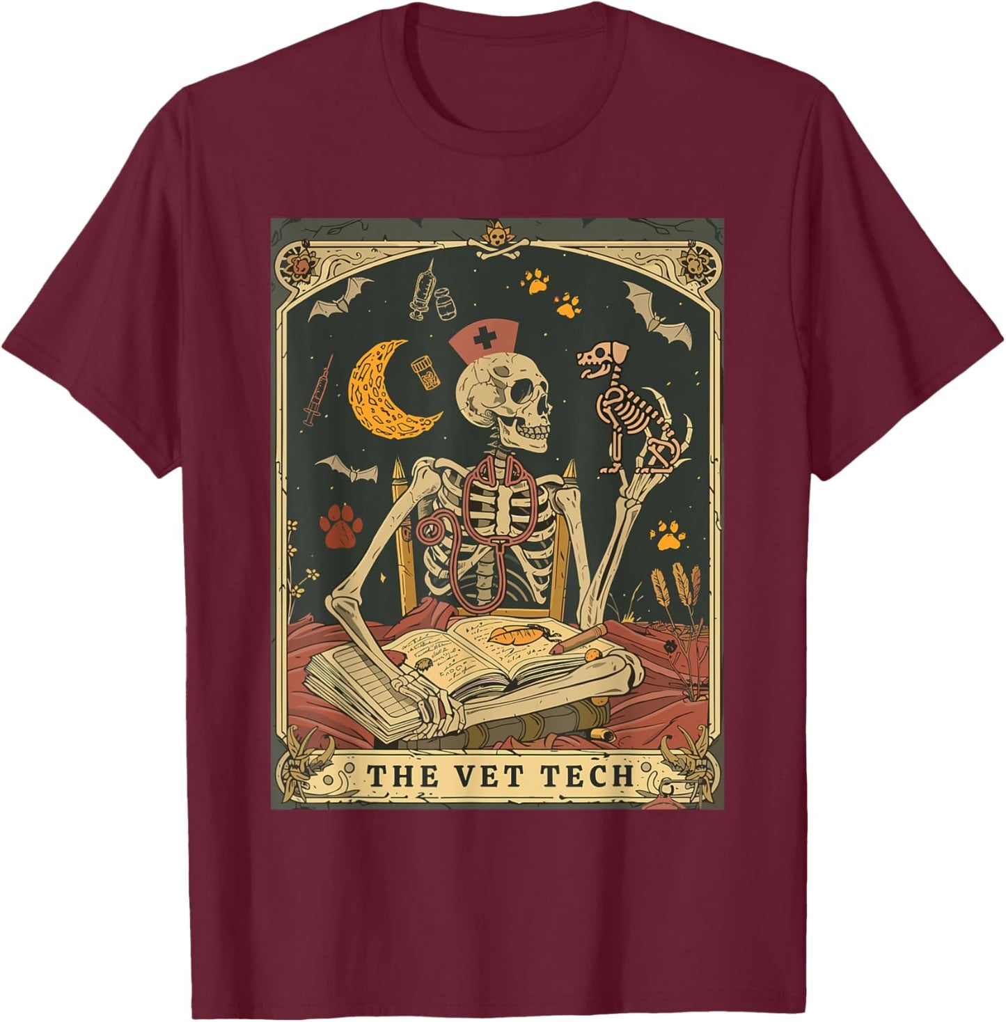 Veterinary Medicine Skeleton Tarot Vet Halloween Vet Staff T-Shirt - T-Shirt | Maroon