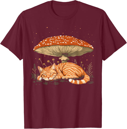 Cute Orange Cat Tabby Cat Cottagecore Aesthetic Mushroom T-Shirt - T-Shirt | Maroon