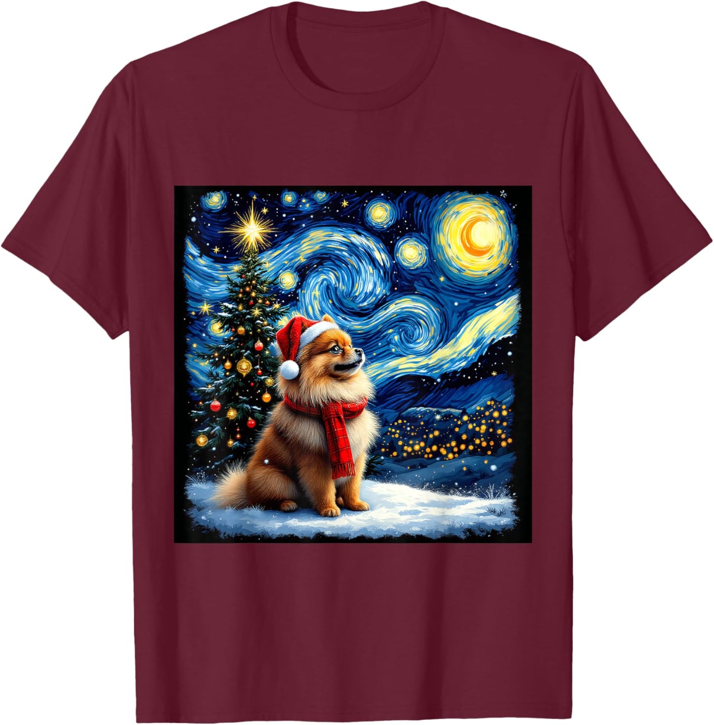 Pomeranian Starry Night Christmas Van Gogh Dog Santa Hat T-Shirt - T-Shirt | Maroon