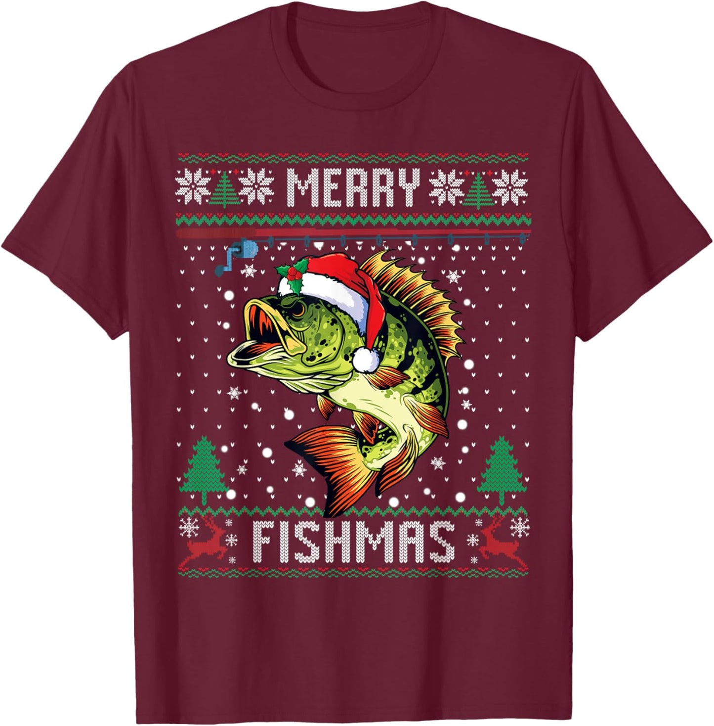 Merry Fishmas Bass Fish Fishing Christmas Ugly Sweater Xmas T-Shirt - T-Shirt | Maroon