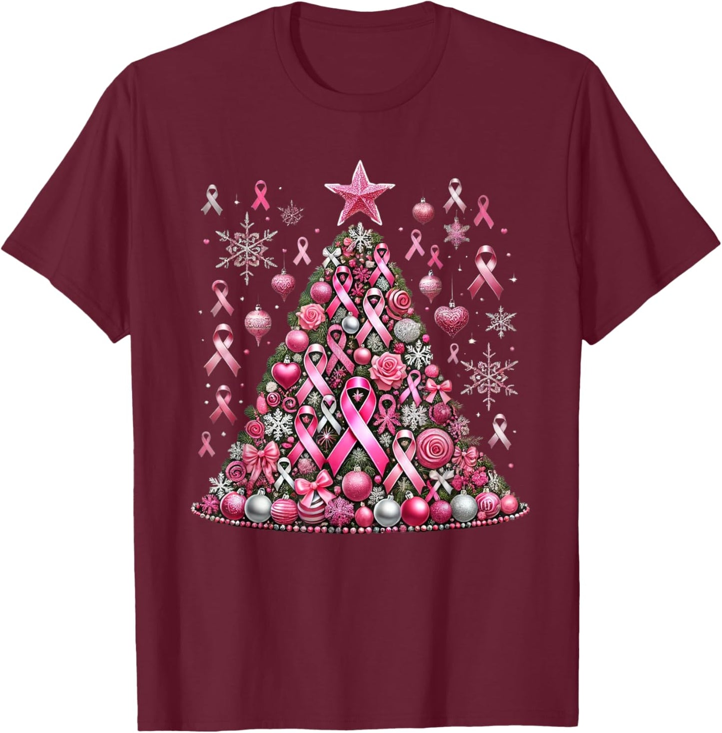 Snowflakes Ornament Decoration Breast Cancer Christmas Tree T-Shirt - T-Shirt | Maroon