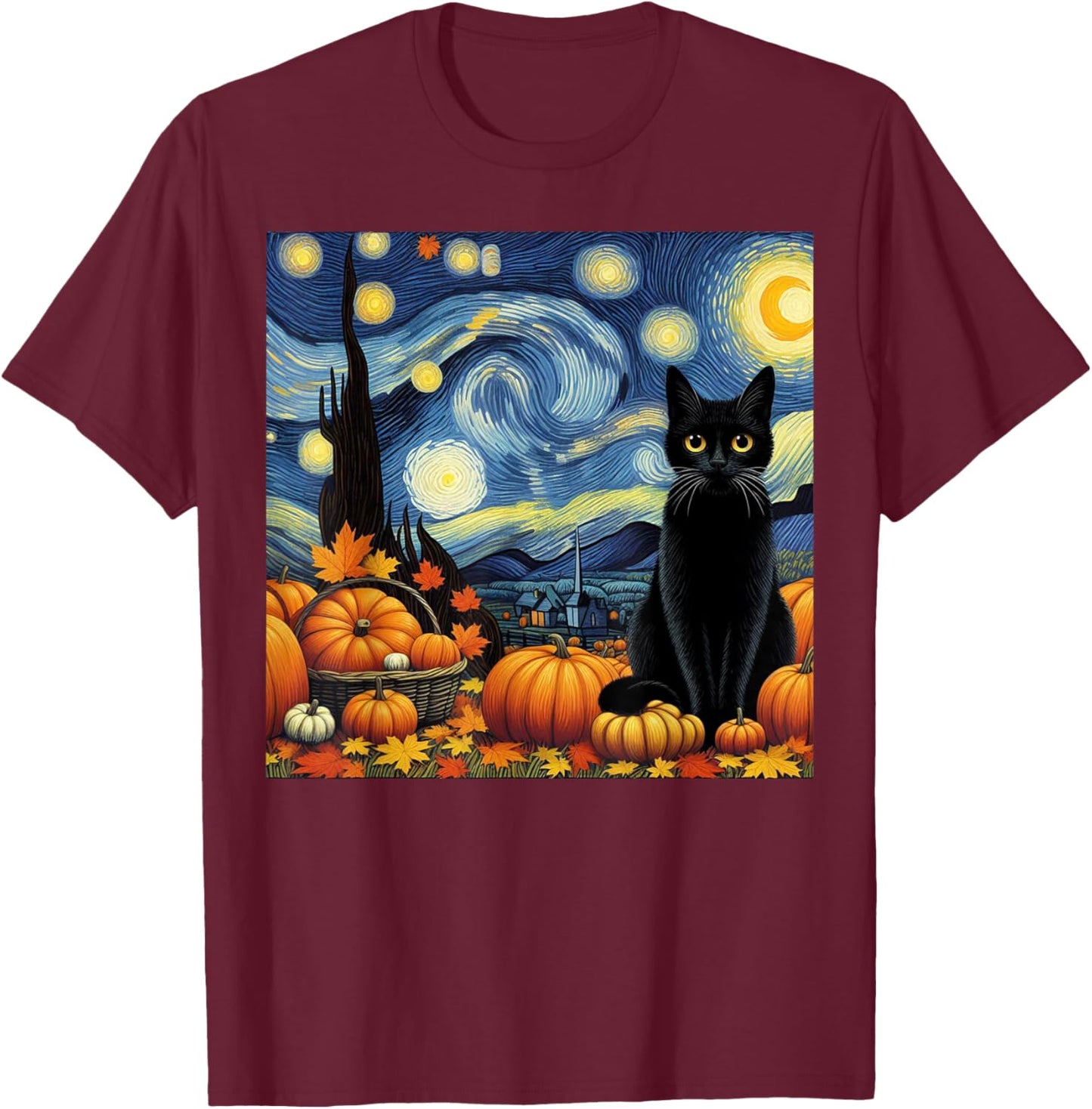 Thanksgiving Van Gogh Starry Night Black Cat Pumpkins Cat Lo T-Shirt - T-Shirt | Maroon