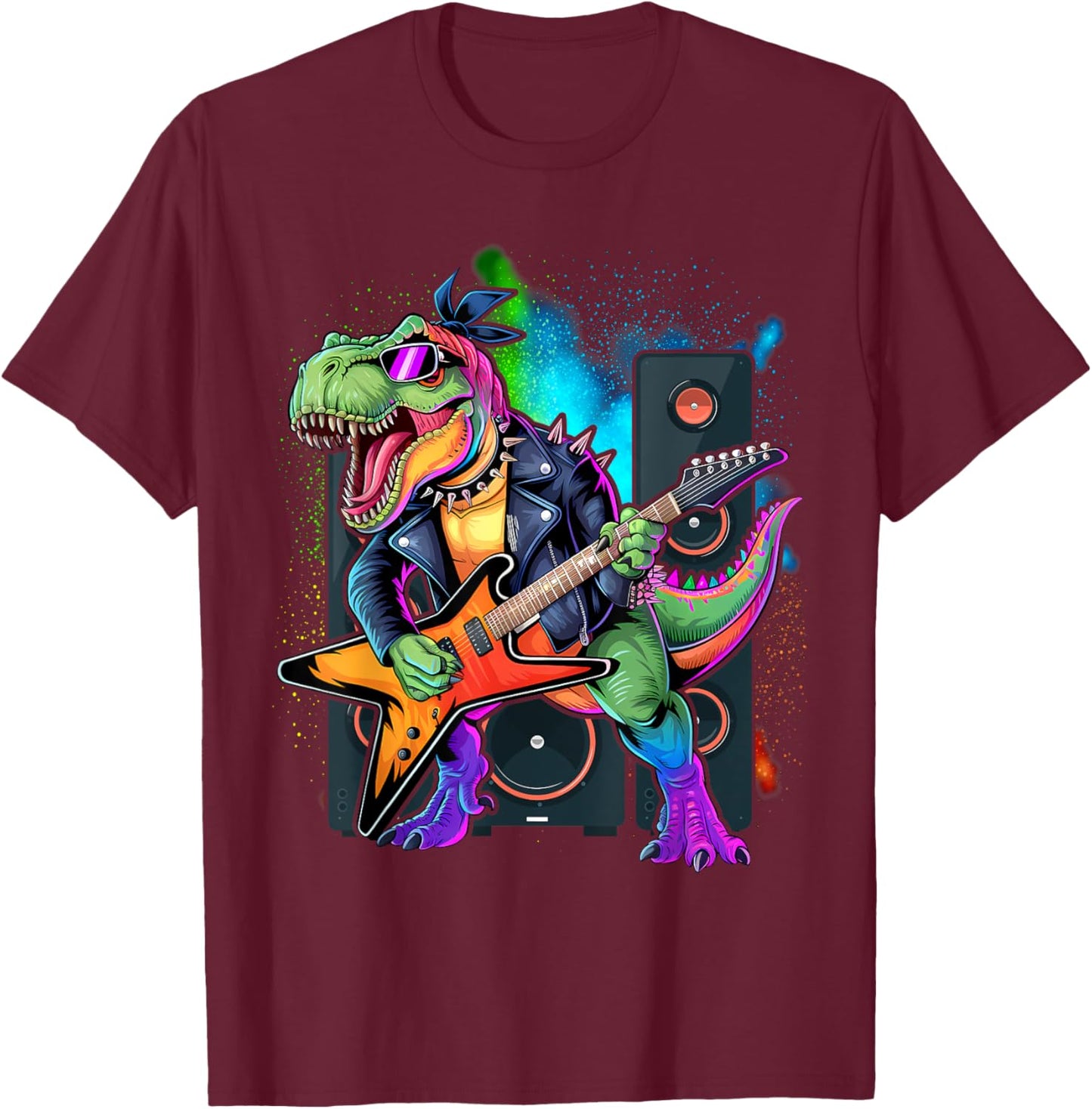 Funny Dinosaur, Rock'n Roll Goth Dino, Guitar Band T-Shirt - T-Shirt | Maroon