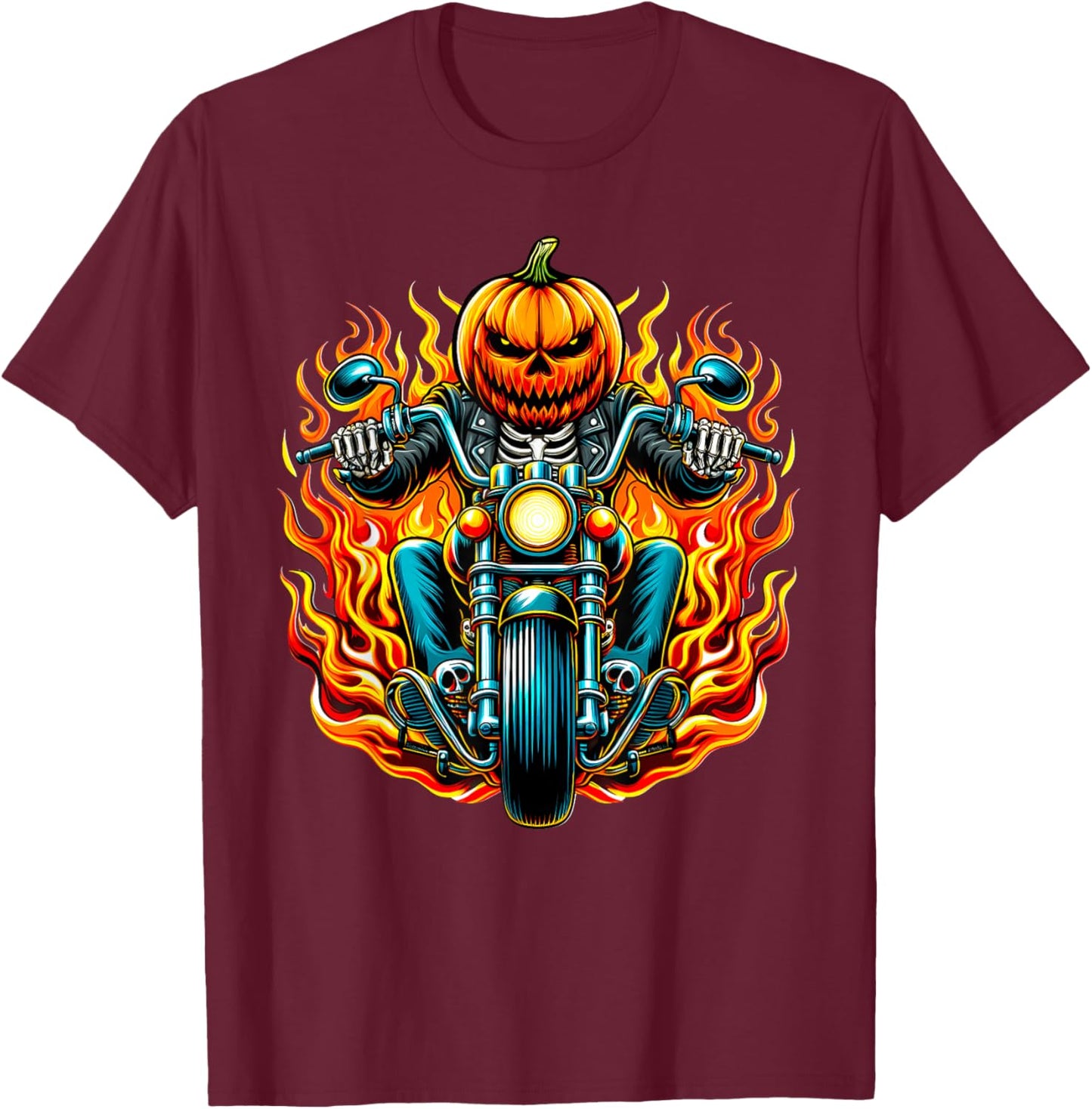 Pumpkin Biker riding a Motorcycle Halloween Costume Rider T-Shirt - T-Shirt | Maroon