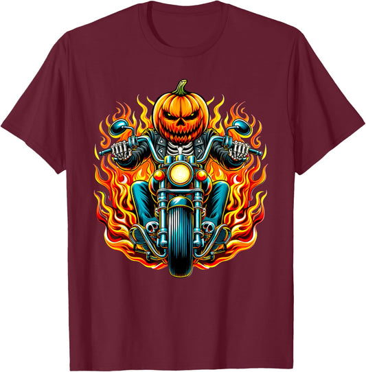 Pumpkin Biker riding a Motorcycle Halloween Costume Rider T-Shirt - T-Shirt | Maroon