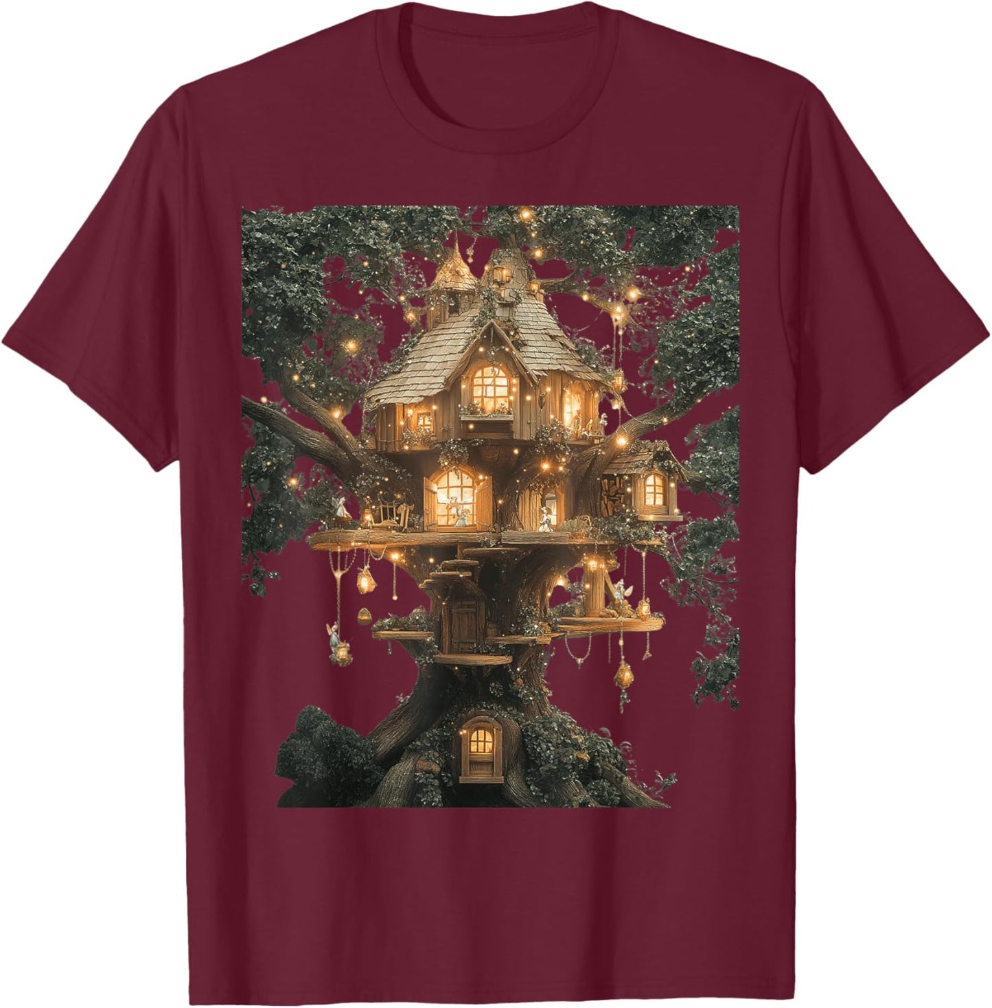 Magical Treehouse Fantasy Art T-Shirt - T-Shirt | Maroon