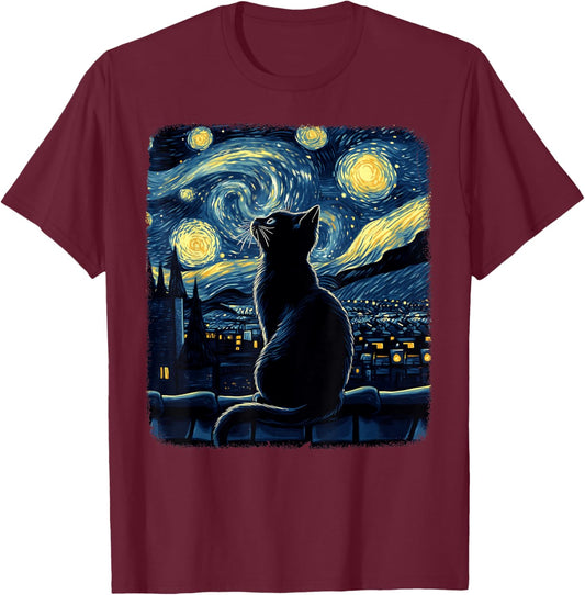 Halloween Van Gogh Starry Night Painting Black Cat Kitten Women Kids T-Shirt - T-Shirt | Maroon