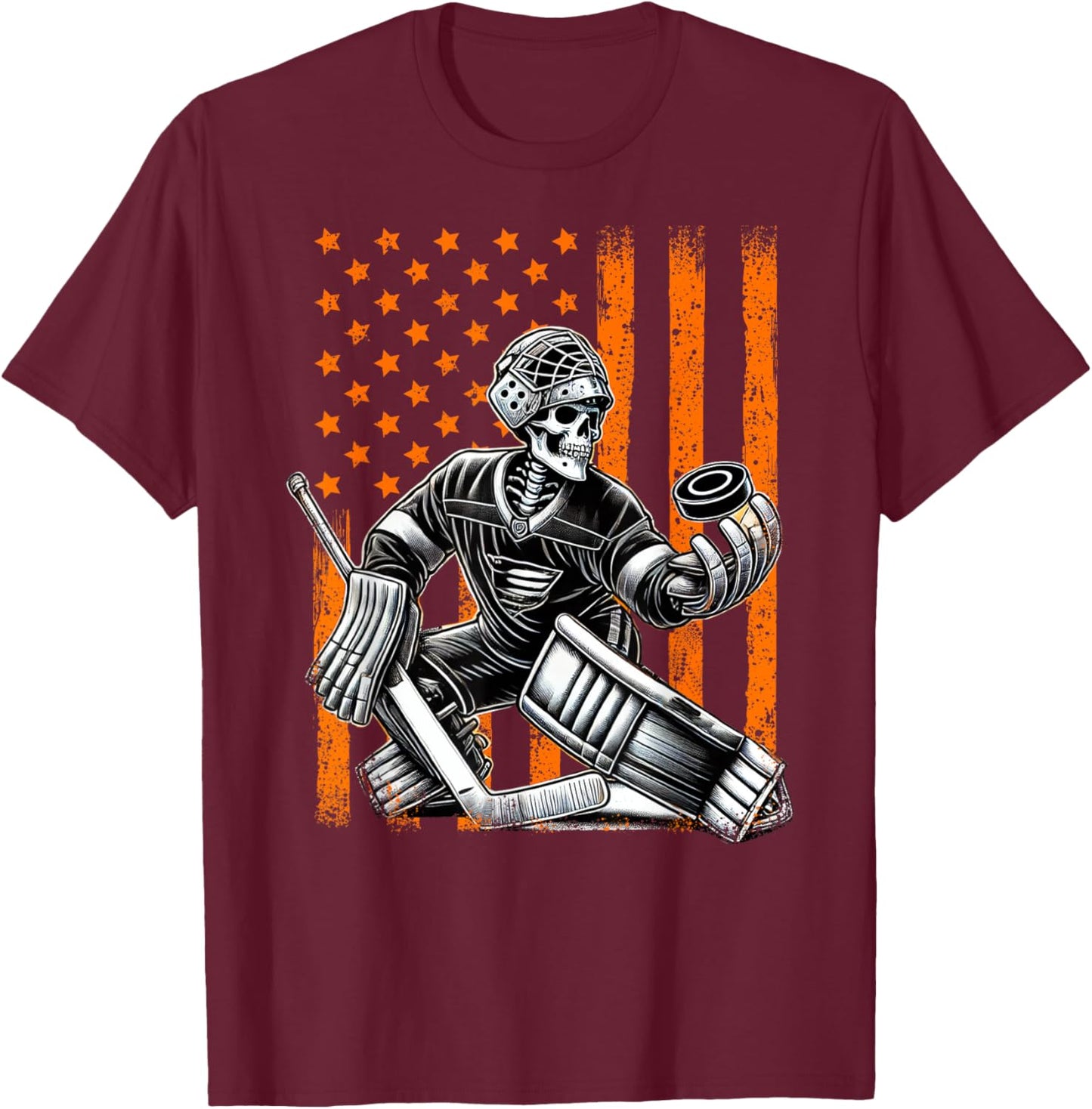 Spooky American Skeleton Ice Hockey Goalie Halloween USA T-Shirt - T-Shirt | Maroon