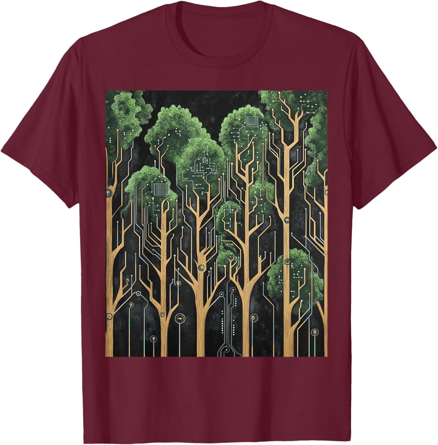 Tech-Nature Fusion Circuit Board Design T-Shirt - T-Shirt | Maroon
