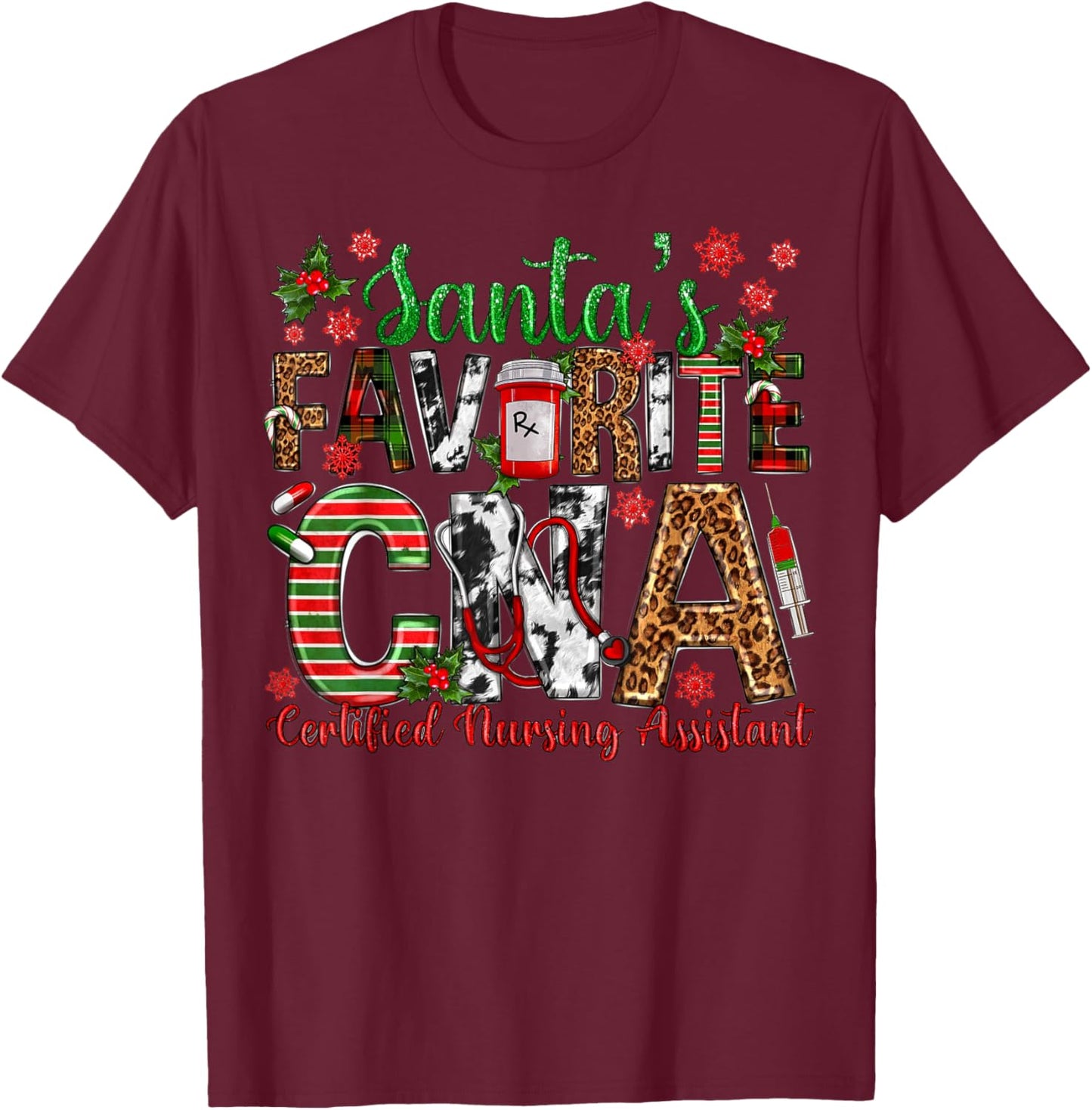 Santa's Favorite CNA Certified Nursing Assistant Christmas T-Shirt - T-Shirt | Maroon