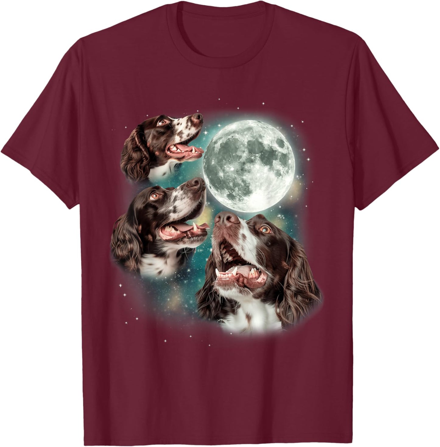 Three English Springer Spaniel Moon | 3 Howling Dogs Canine T-Shirt - T-Shirt | Maroon