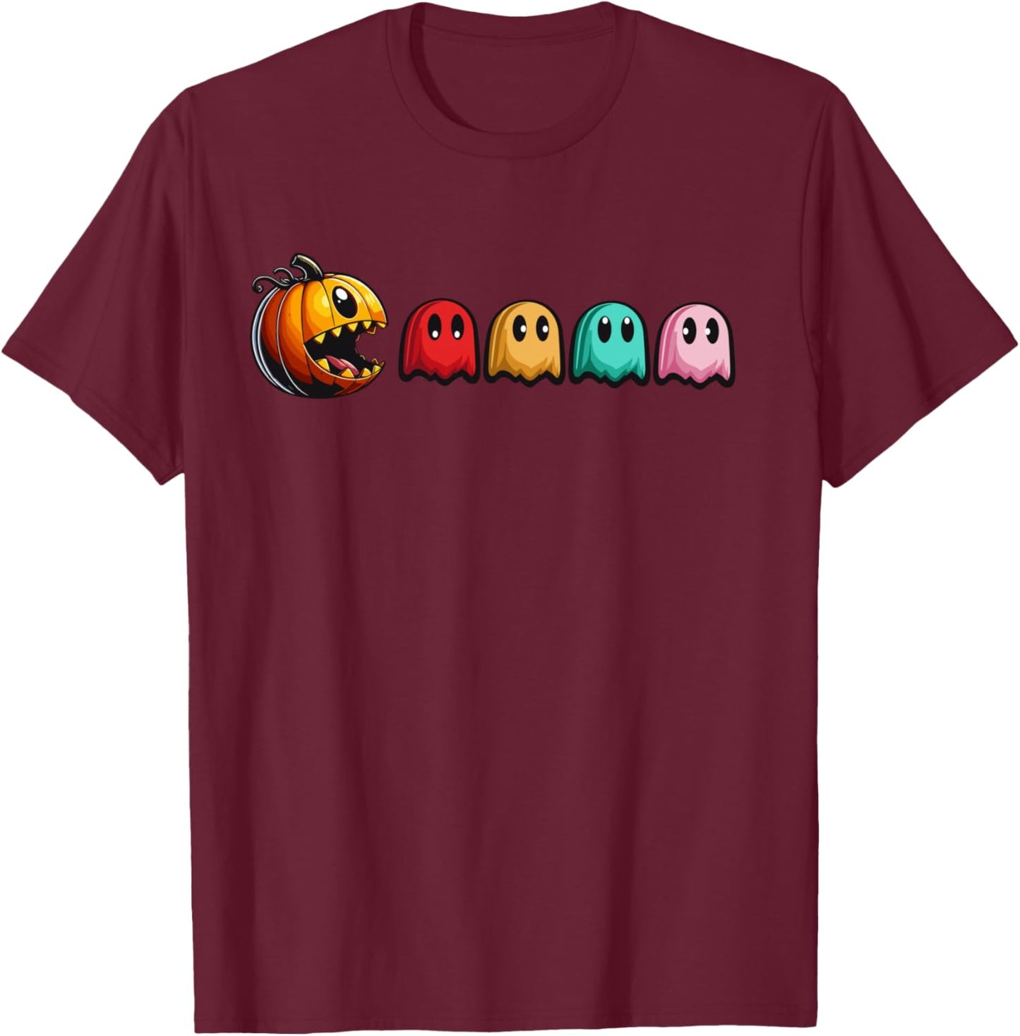 Halloween Pumpkin vs. Ghosts Retro Video Game T-Shirt - T-Shirt | Maroon