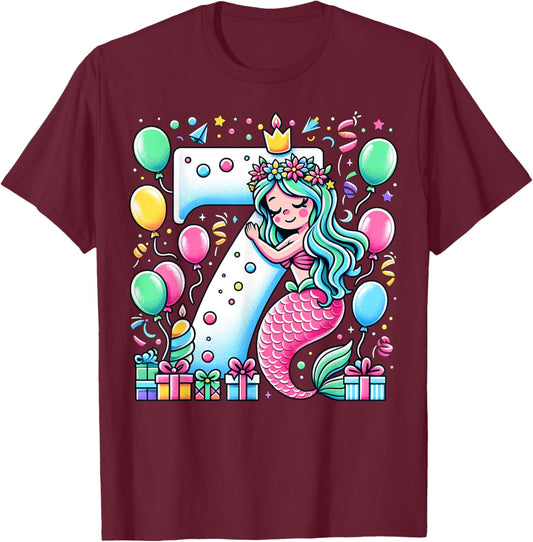 Mermaid 7th birthday for boy girl 7 years old seven Mermaid T-Shirt - T-Shirt | Maroon
