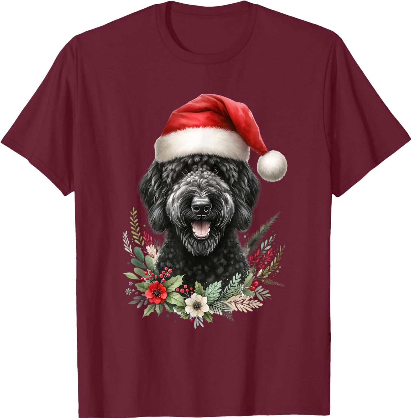 Christmas Black Labradoodle Dog Watercolor Artwork T-Shirt - T-Shirt | Maroon