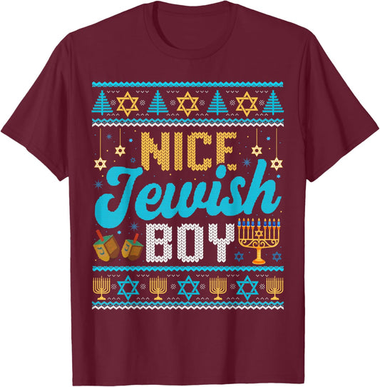 Funny Ugly Hanukkah Sweater Nice Jewish Boy Matching T-Shirt - T-Shirt | Maroon